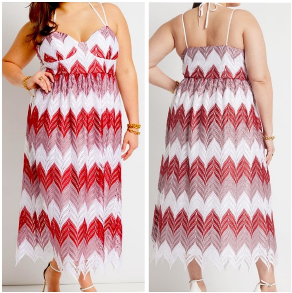 Eloquii Lace Chevron Colorblock Strappy Sundress Red White Size 18